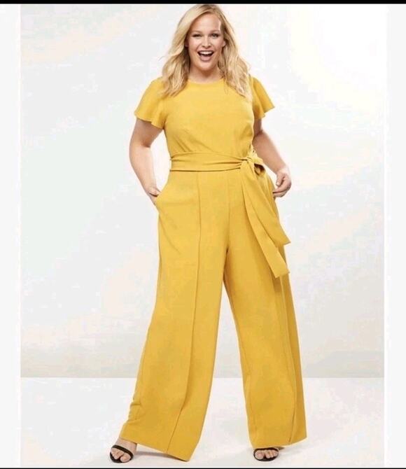 Lane Bryant Pants - Lane Bryant 18 Lena Seamed Wide Leg Jumpsuit Flutter Sleeve mustard Belted NWT